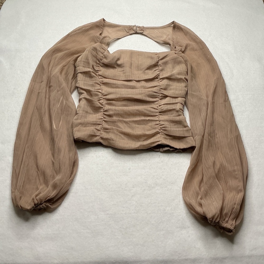WAYF Tan Metallic Pinstripe Ruched Long Sleeve Crop Top Small